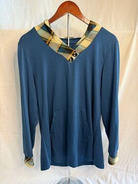 Blue Hooded Top with Plaid Trim